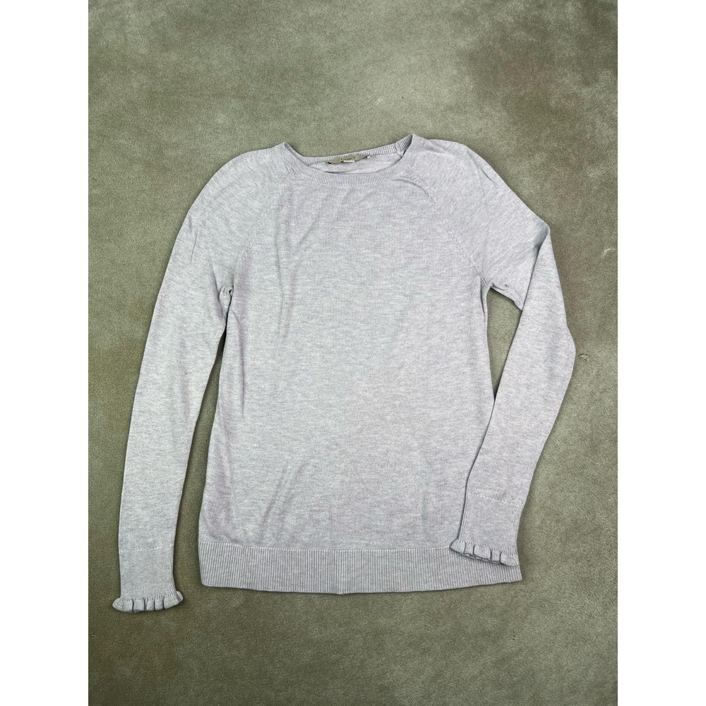 LOFT Women's Ruffle Cuff Pullover Sweater Heather Gray Crew Neck Petites - PXS